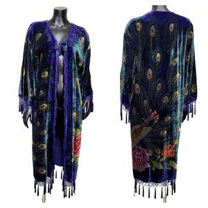 Dark Green Beaded Velvet Peacock Art Deco Bohemian Long Kimono Duster Statement
